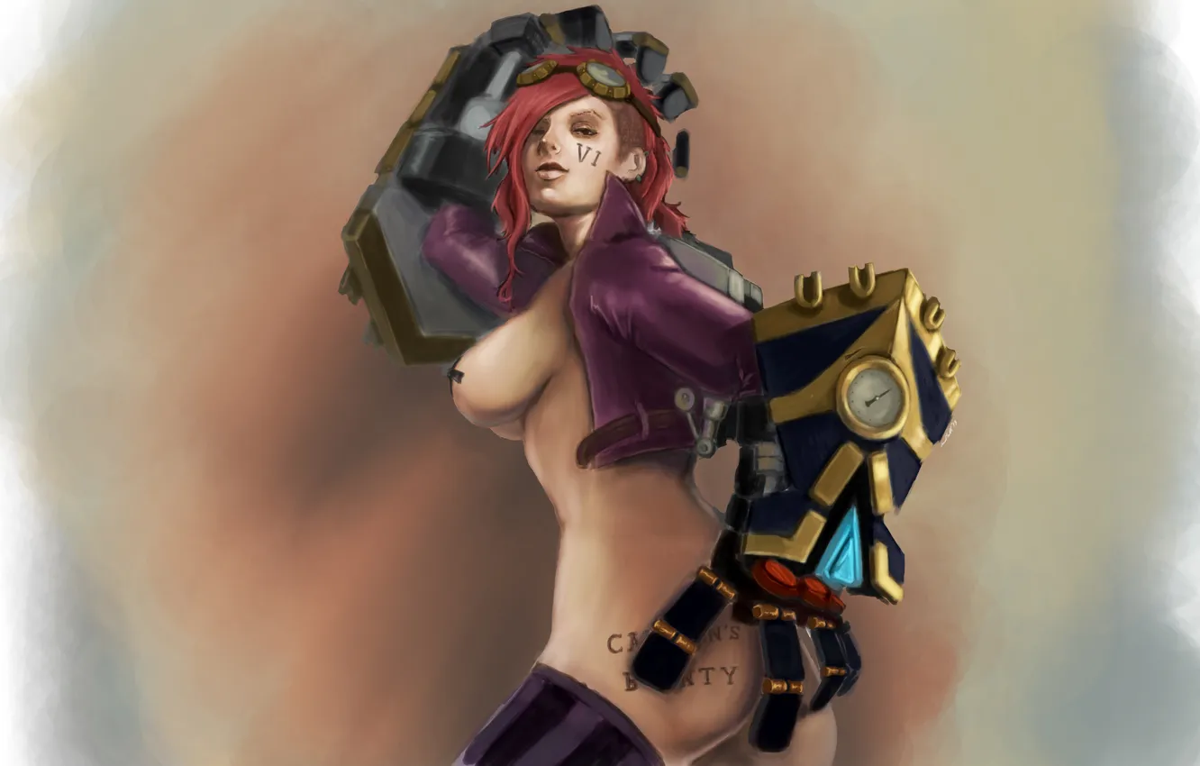 Photo wallpaper girl, metal, weapons, background, art, gloves, League of Legends, naked