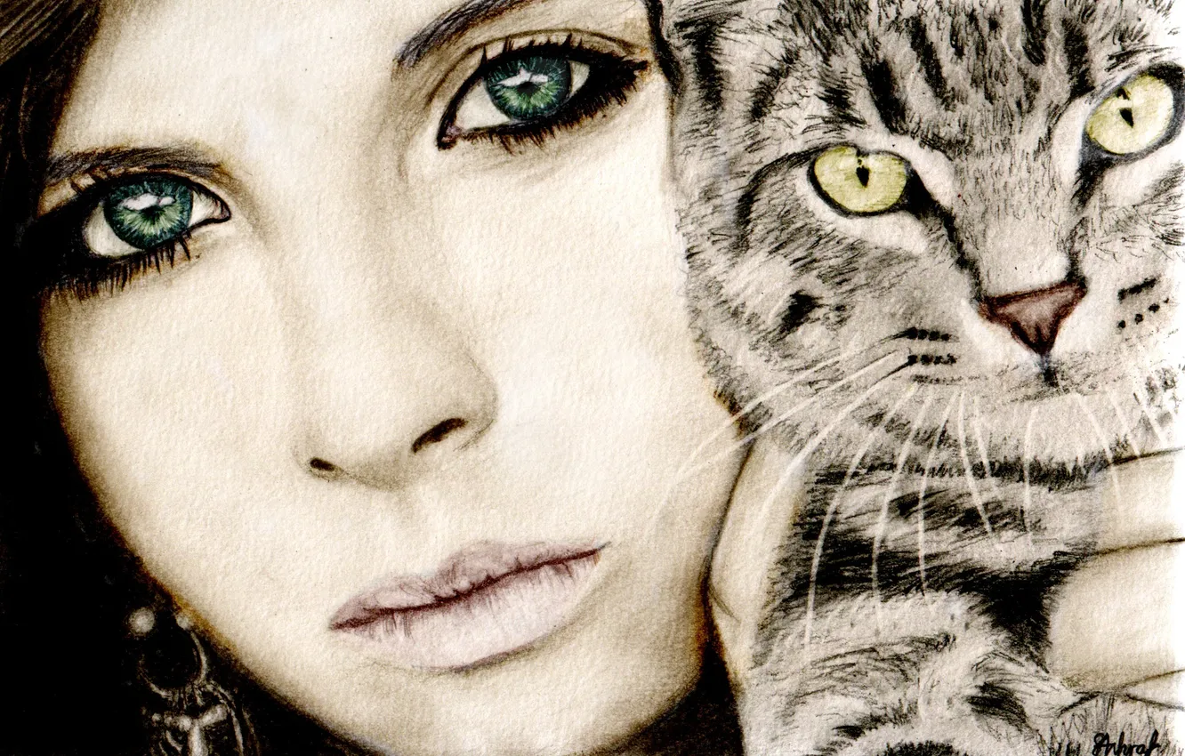 Photo wallpaper cat, look, girl, face, eyelashes, animal, earrings, green eyes