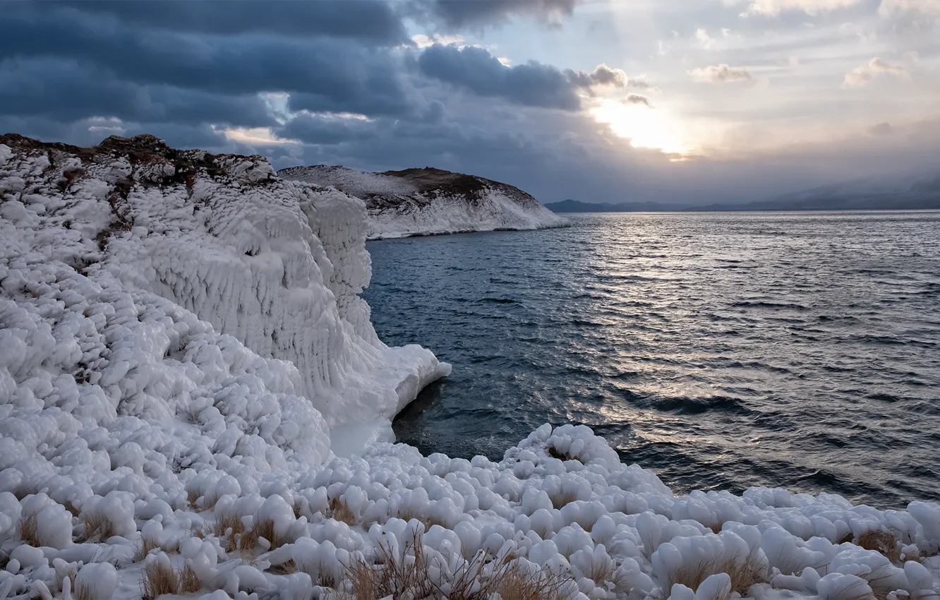 Photo wallpaper ice, water, lake, shore, Baikal, Russia