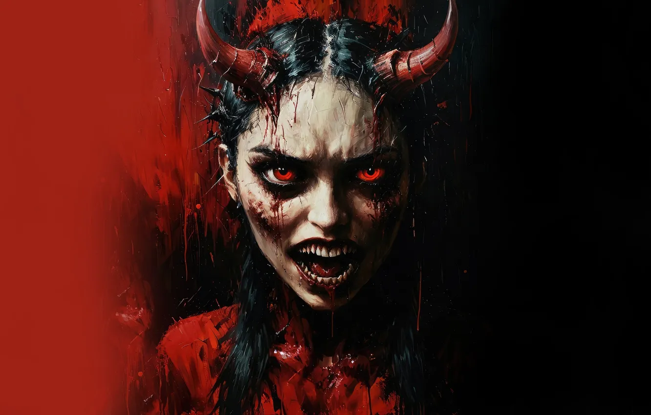 Photo wallpaper girl, the demon, mouth, horns, horror