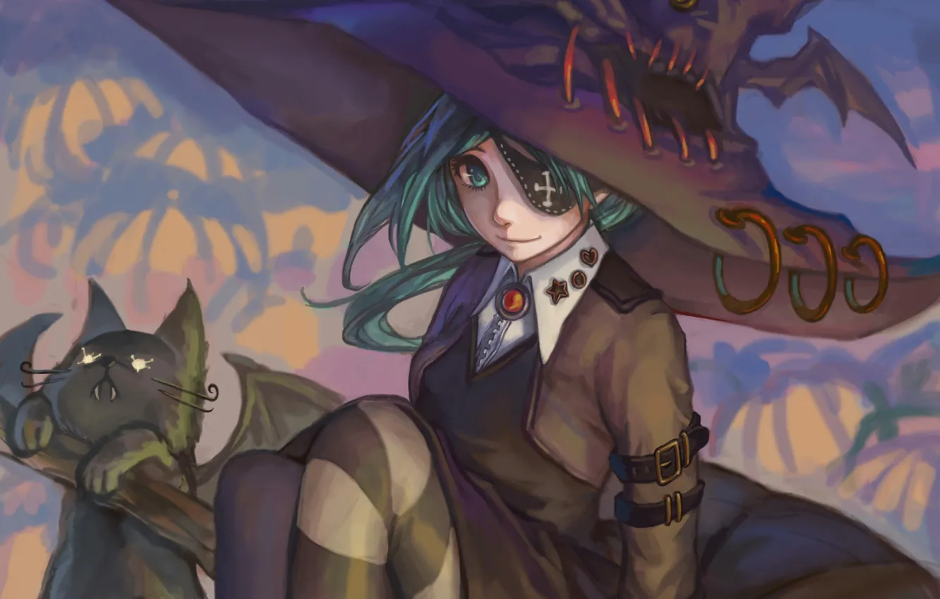 Photo wallpaper cat, girl, pumpkin, witch, halloween, Halloween