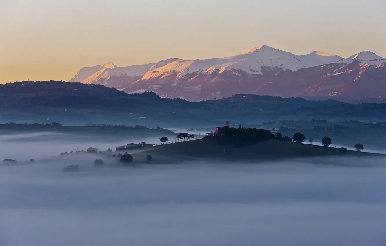 Photo wallpaper trees, mountains, fog, hills, home, morning, Italia, Reign
