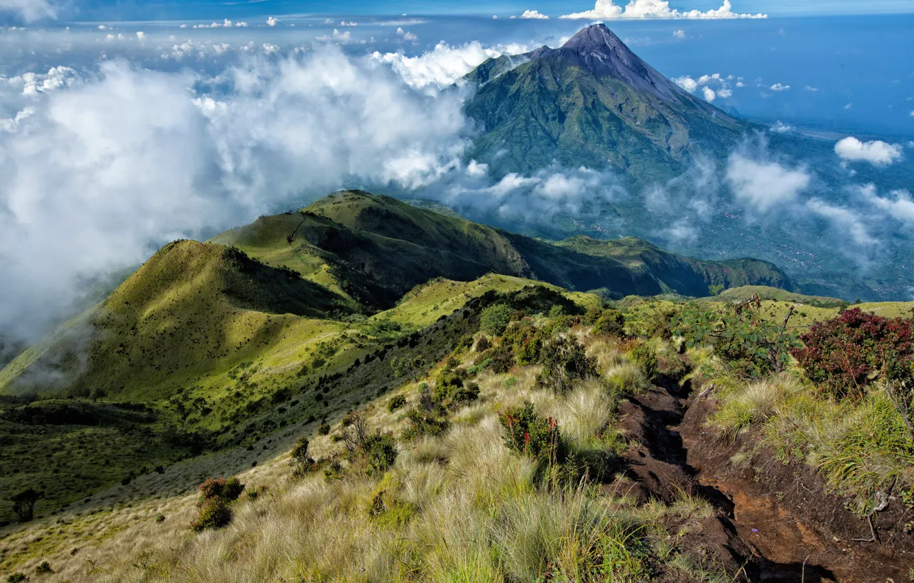 Photo wallpaper clouds, mountains, tops, height, slope
