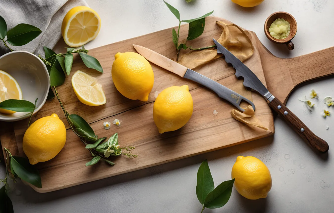 Photo wallpaper lemon, cutting Board, AI art, neural network