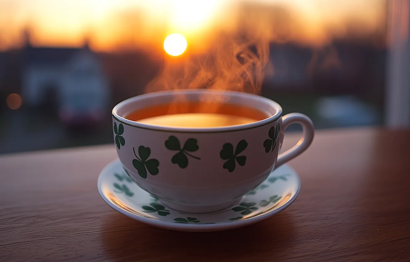 Photo wallpaper the sun, light, sunset, the city, table, dawn, tea, coffee