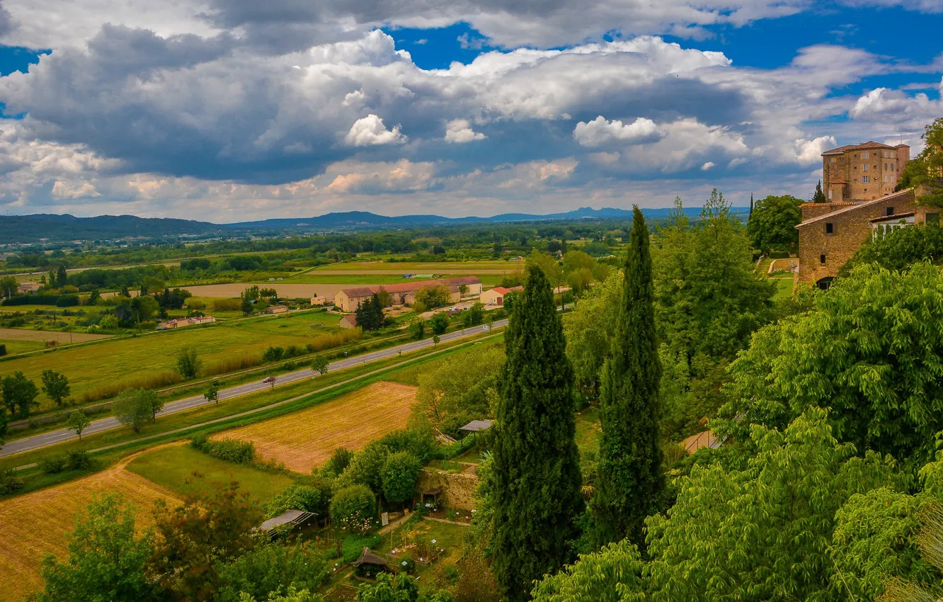 Photo wallpaper hills, home, dal, settlement, cypress