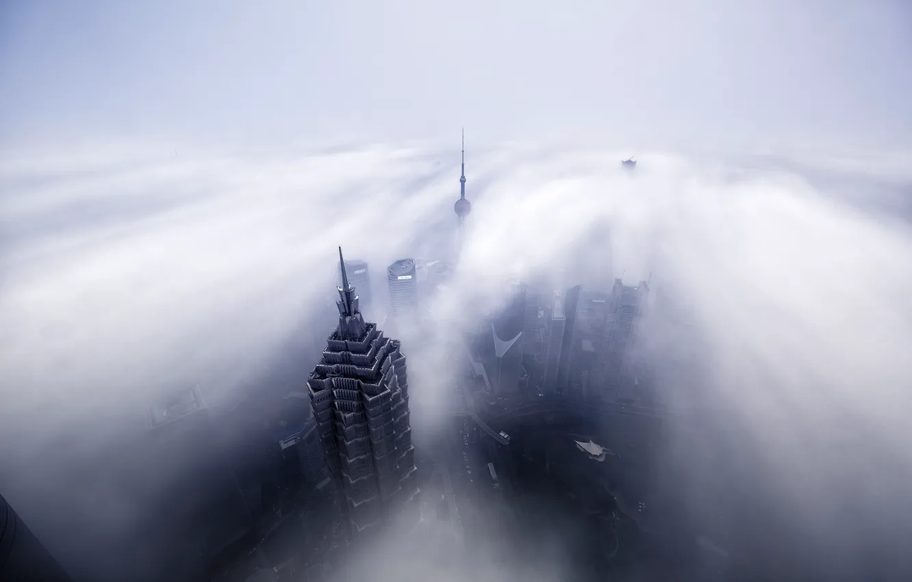Photo wallpaper the city, fog, building, Shanghai, China, the top