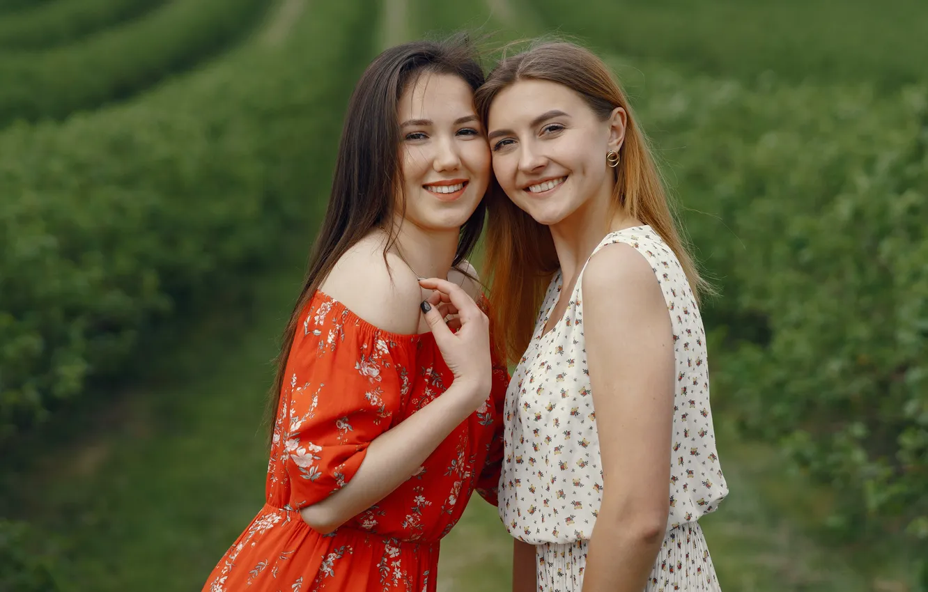Photo wallpaper pose, smile, together, model, positive, beauty, two girls, friend