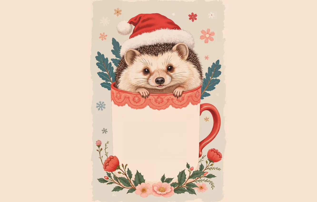 Photo wallpaper look, flowers, frame, Christmas, mug, New year, hedgehog, face