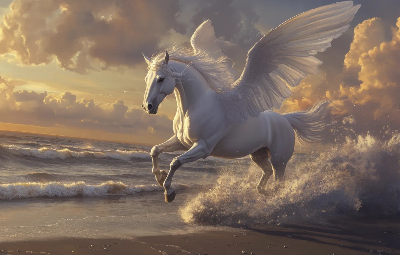 Photo wallpaper sea, wave, clouds, squirt, dawn, the moon, horse, wings