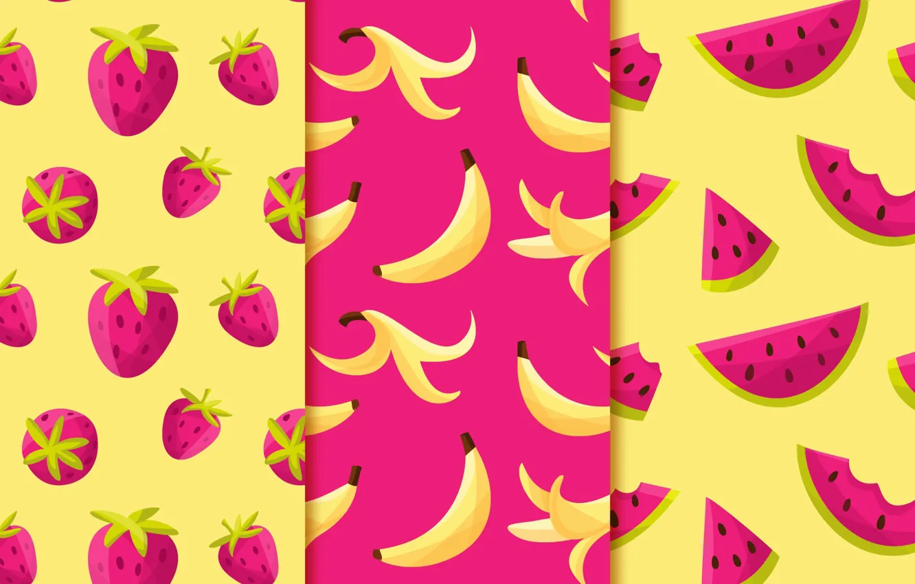 Photo wallpaper background, texture, strawberry, bananas, fruit, yellow, patterns, purple