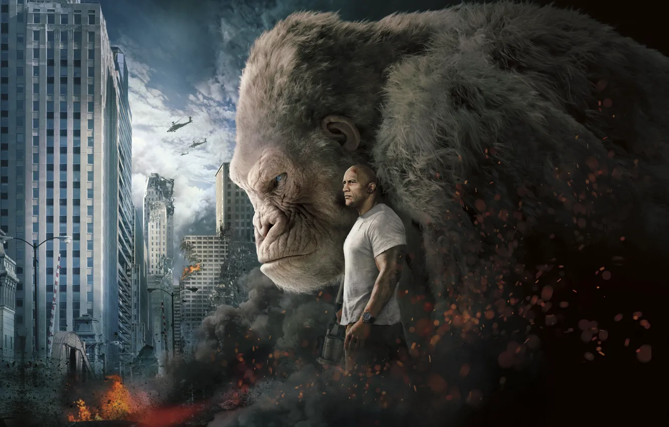 Photo wallpaper city, fire, flame, Action, white, fantasy, monkey, houses