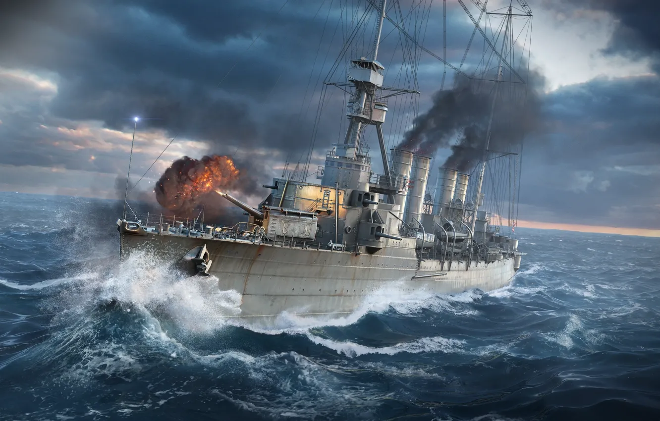 Photo wallpaper sea, wave, the sky, water, clouds, light, sunset, smoke