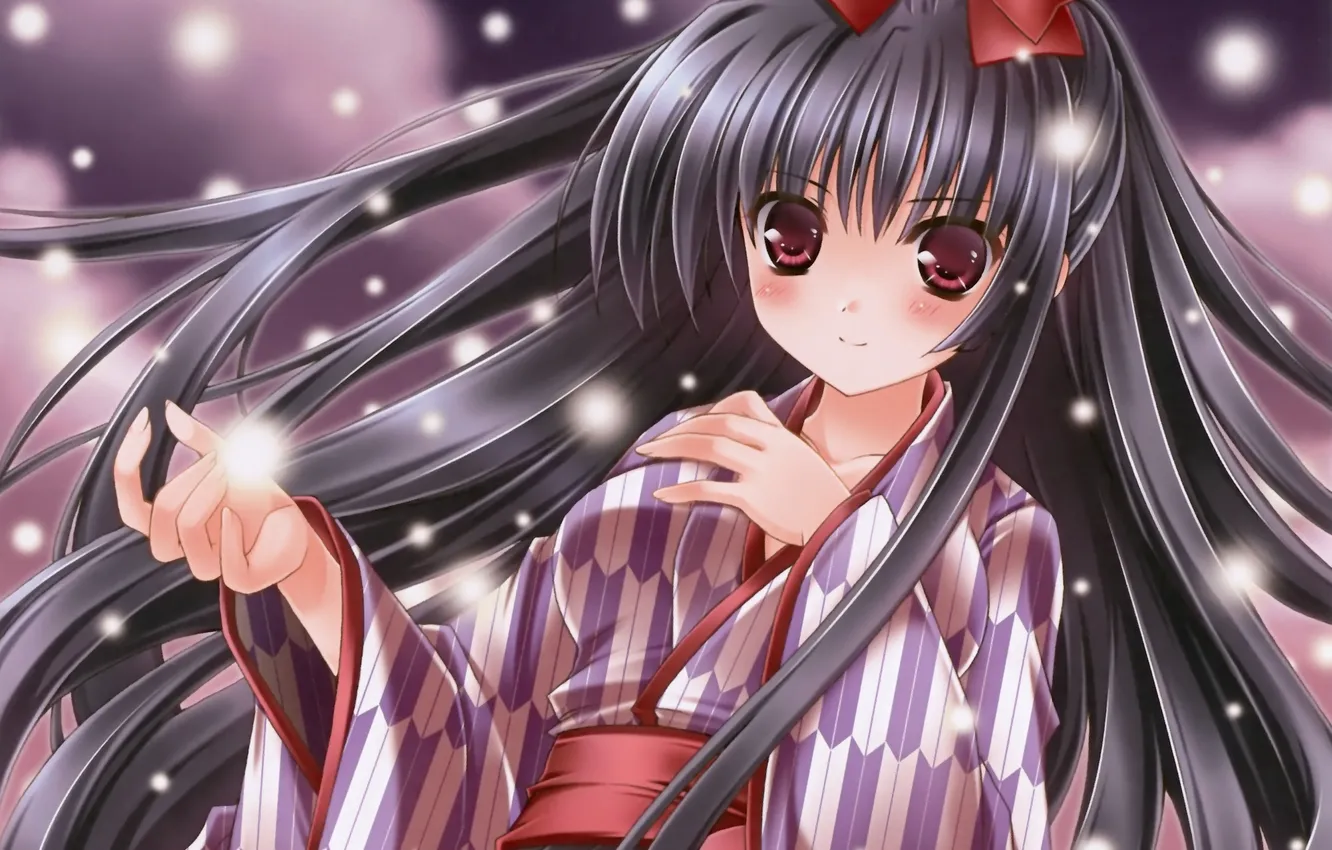 Photo wallpaper girl, clouds, snow, anime, art, kimono, bow, minase lin