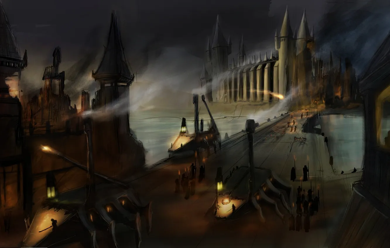 Photo wallpaper night, bridge, castle, people, art, lights