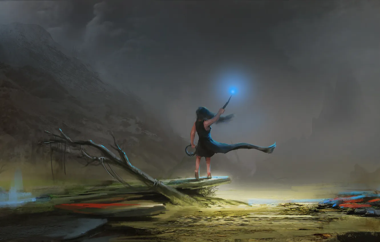 Photo wallpaper girl, clouds, river, rocks, the wind, lights, art, snag