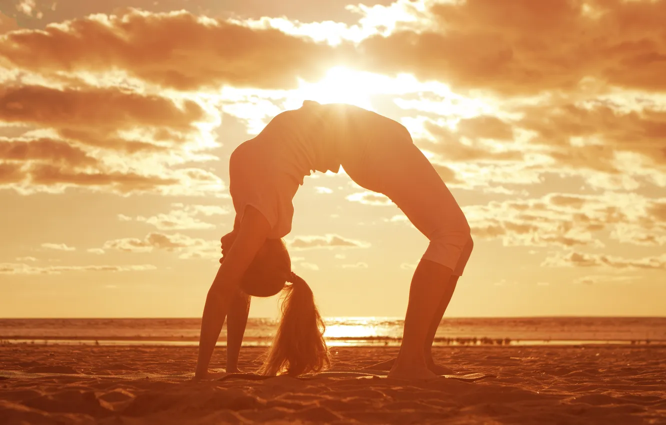 Photo wallpaper sand, beach, girl, the sun, clouds, gymnastics, Mat, long-haired. sea