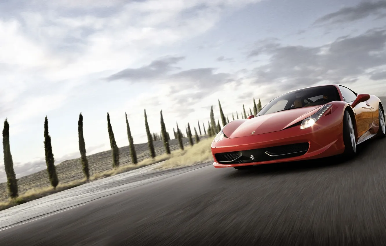 Photo wallpaper road, machine, the sky, landscape, markup, Wallpaper, Ferrari, supercar