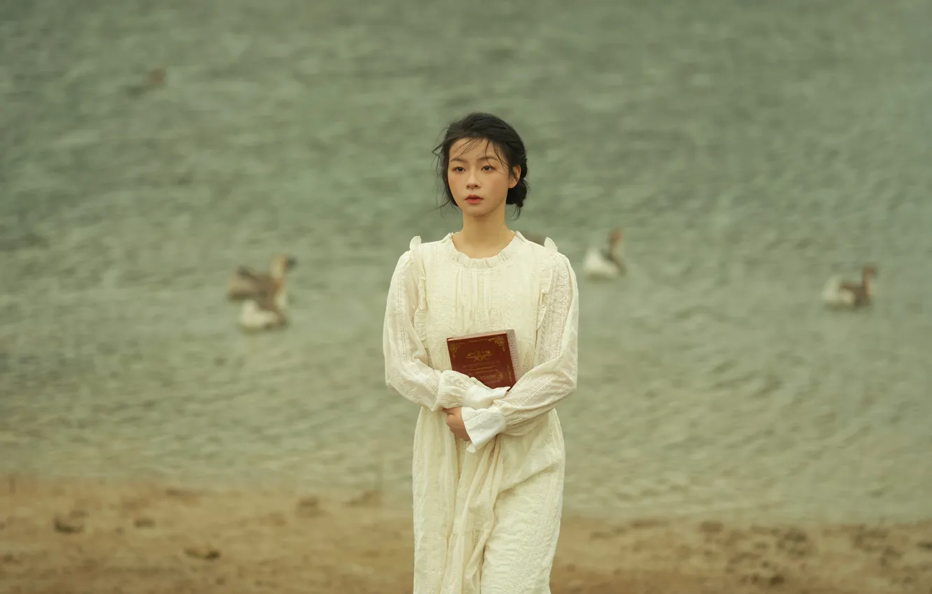 Photo wallpaper Beautiful, Birds, Asian, Model, Water, Woman, Cute, Lake