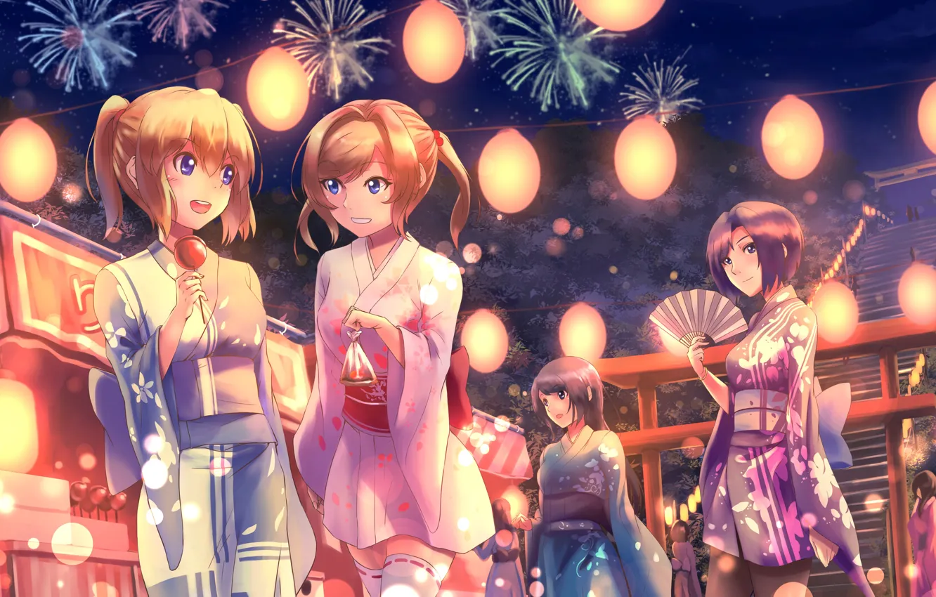 Photo wallpaper Japan, fan, kimono, fireworks, lanterns, friend, festival, four girls