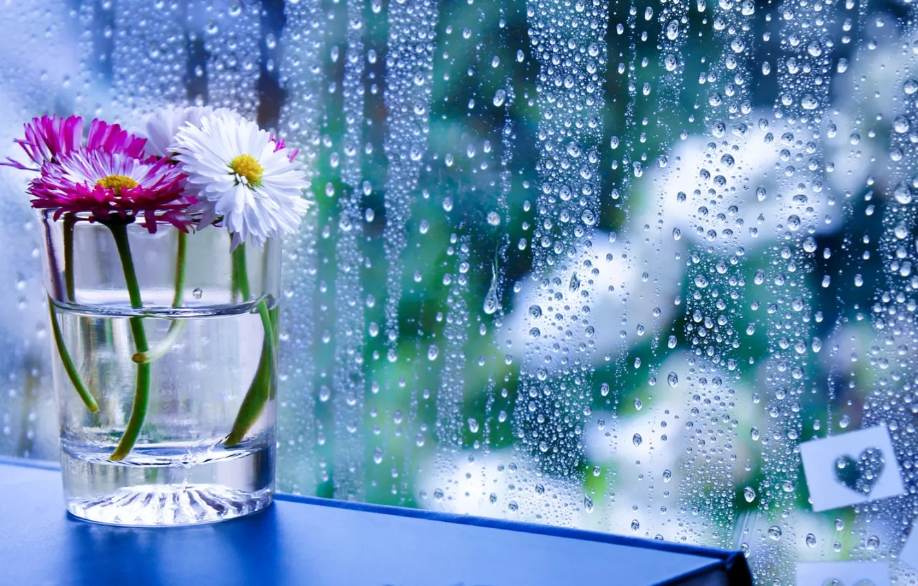 Photo wallpaper glass, drops, flowers, glass