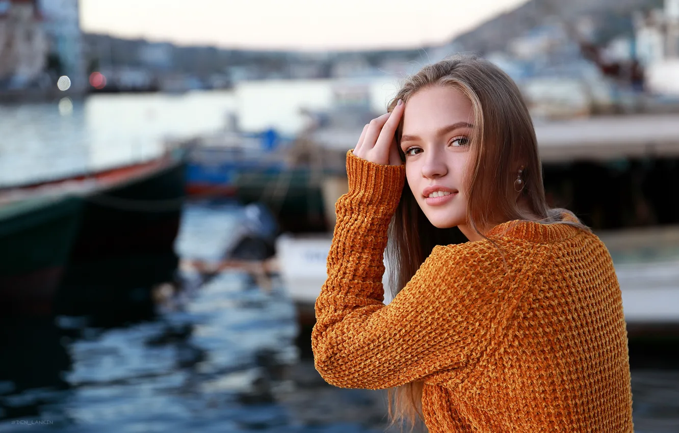 Photo wallpaper look, girl, face, hands, sweater, Denis Lankin, Ksenia Glazko