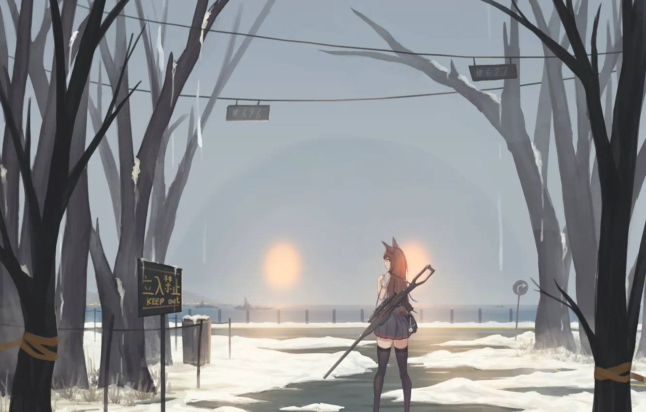 Photo wallpaper girl, snow, trees, monster, glowing eyes, vinnovka