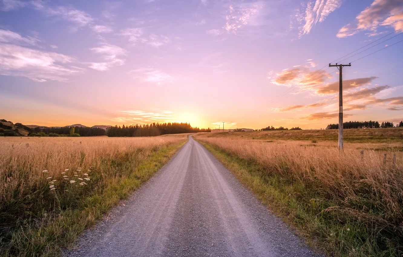 Photo wallpaper road, sunset, power lines