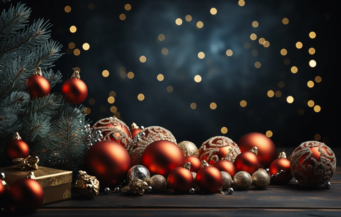 Photo wallpaper gift, balls, tree, new year, Christmas, Christmas, balls, tree