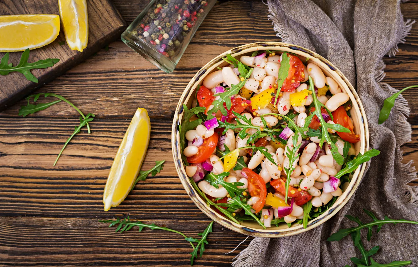 Photo wallpaper greens, lemon, tomatoes, beans