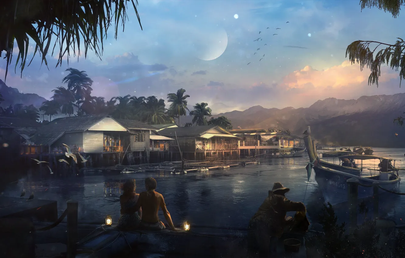 Photo wallpaper Fishing Village, pond, lights, shore, people
