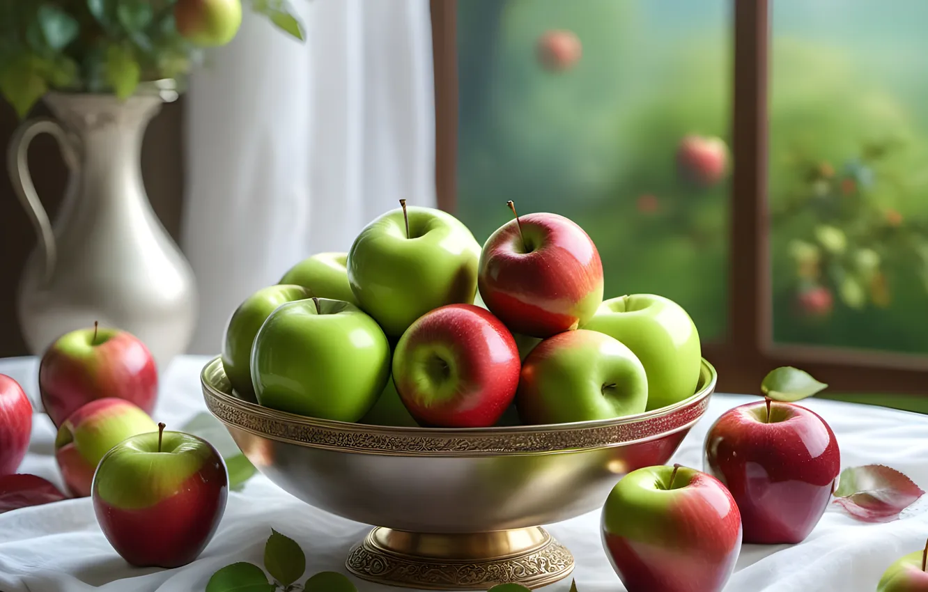 Photo wallpaper leaves, red, nature, green, table, apples, Shine, bouquet