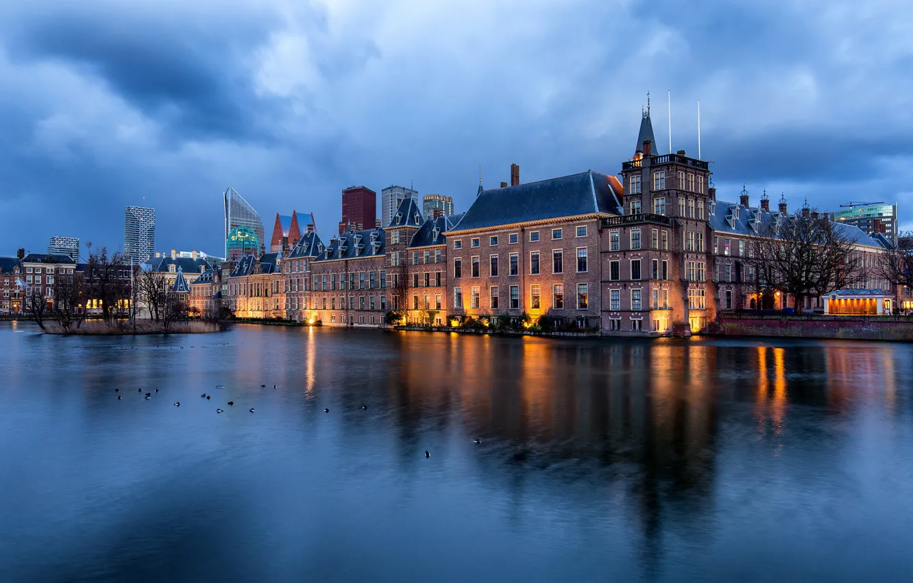 Photo wallpaper the sky, water, the city, pond, home, skyscrapers, the evening, Netherlands