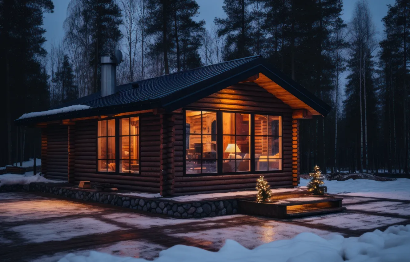 Photo wallpaper winter, snow, nature, new year, Christmas, house, hut, cottage