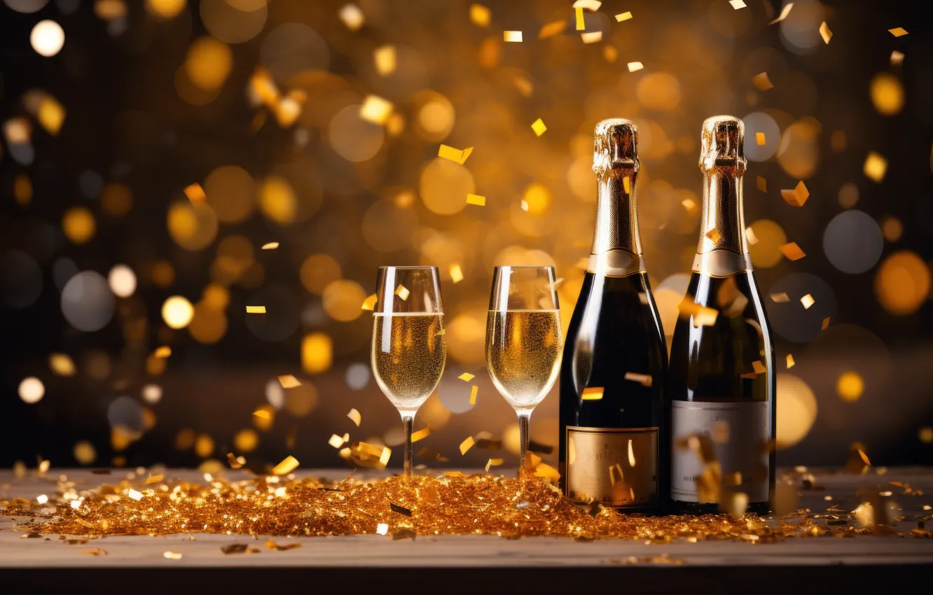 Photo wallpaper lights, holiday, wine, Shine, glass, bottle, new year, Christmas