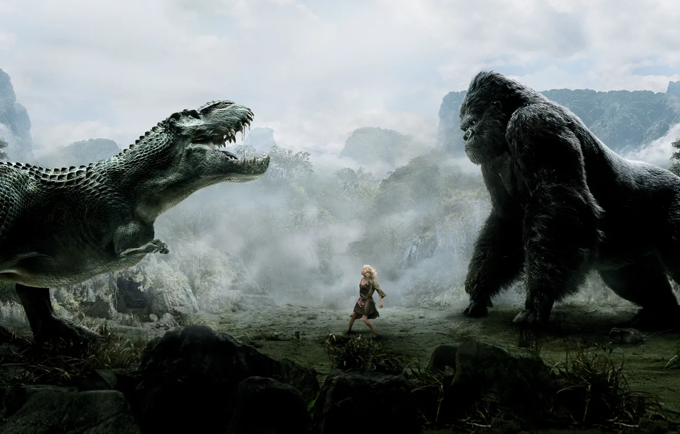 Photo wallpaper King Kong, sake, girl, Action, monkey, forest, sky, trees