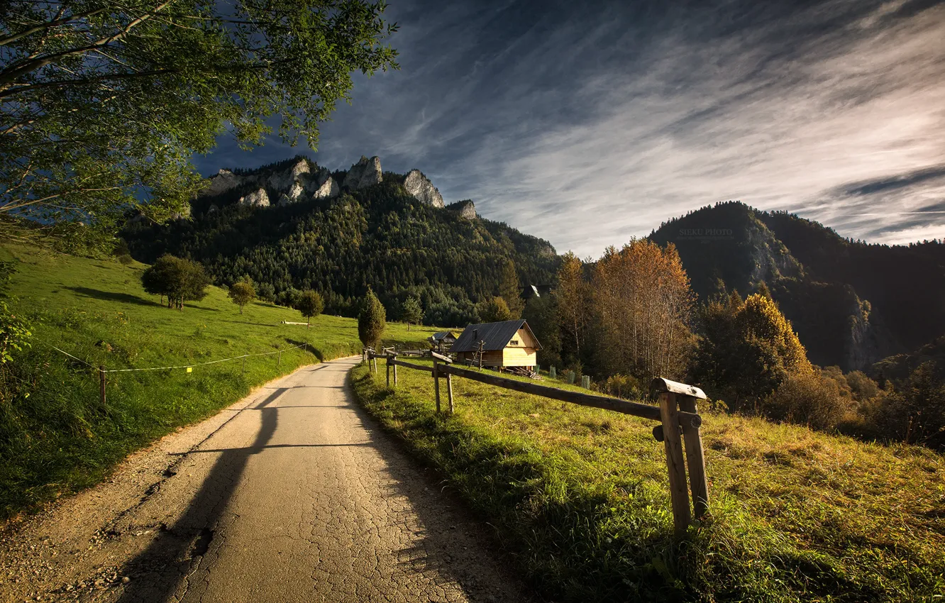 Photo wallpaper road, autumn, forest, landscape, mountains, nature, the fence, house