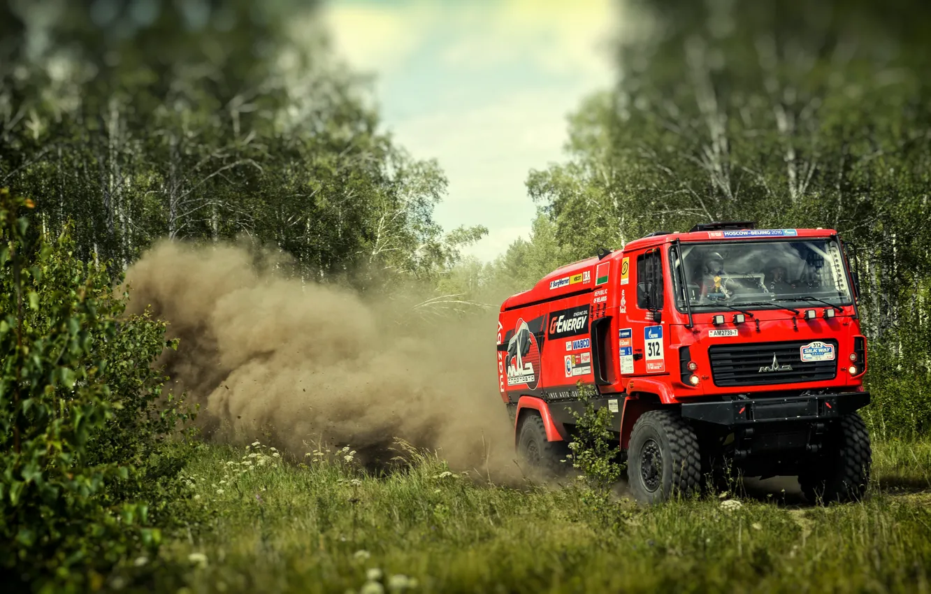 Photo wallpaper Red, Dust, Forest, Sport, Truck, Race, Rally, Rally
