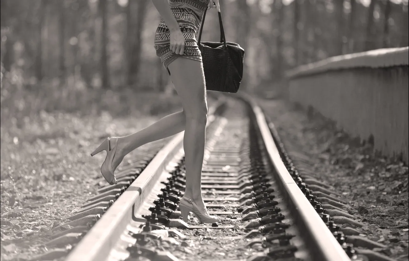 Photo wallpaper rails, skirt, black and white, heels, legs, Georgy Sapozhnikov