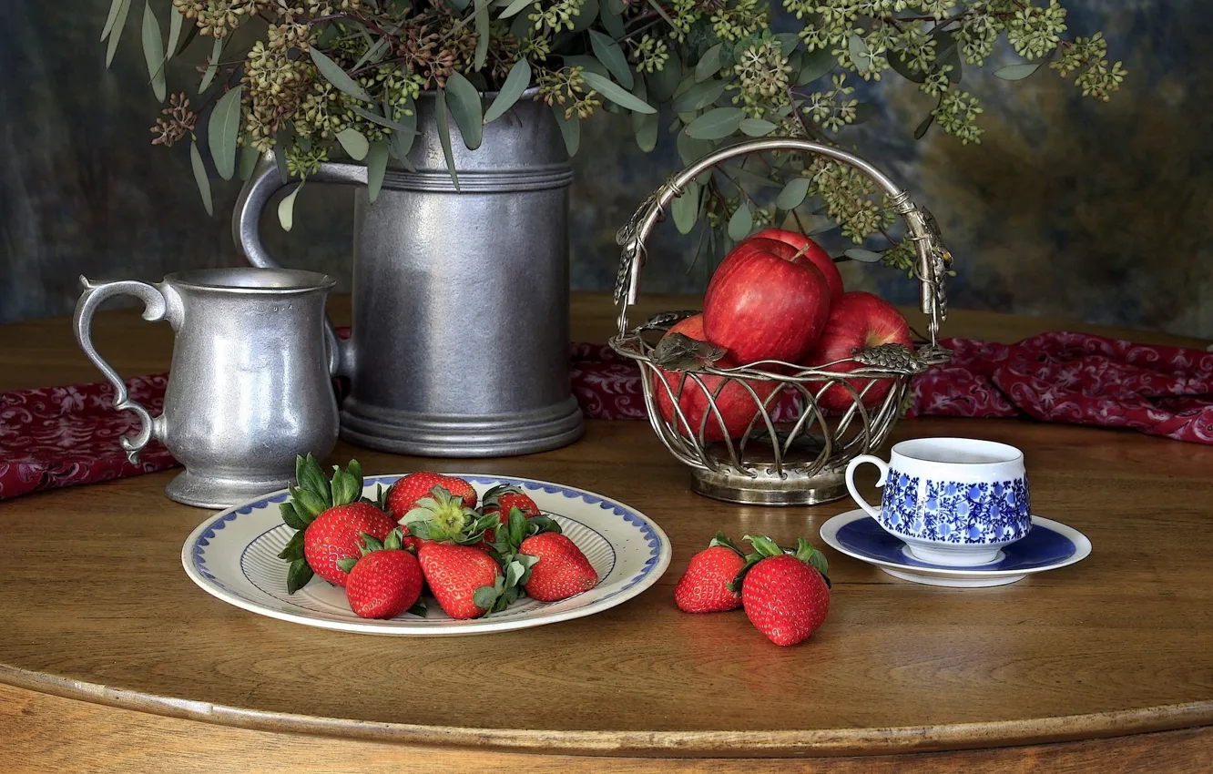 Photo wallpaper green, silver, metal, flowers, apples, basket, strawberries, Still Life