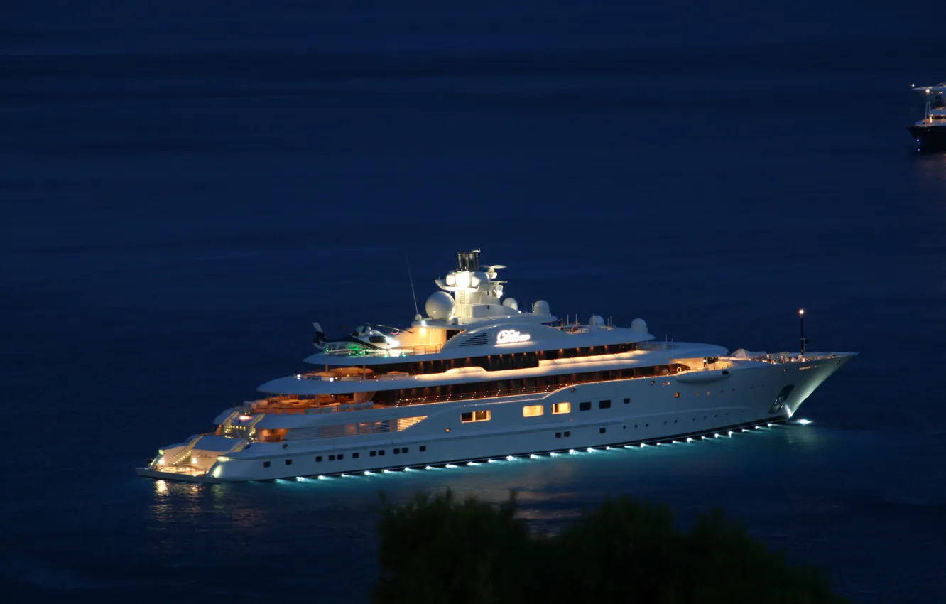 Photo wallpaper night, yacht, helicopter, night, helicopter, yacht, sea., super yacht