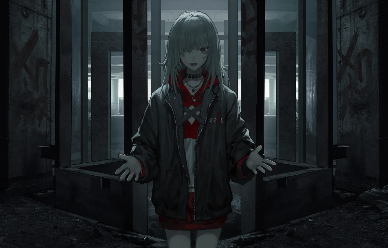 Photo wallpaper anime, women, digital art, abandoned, jacket, anime girls, white hair, red nails