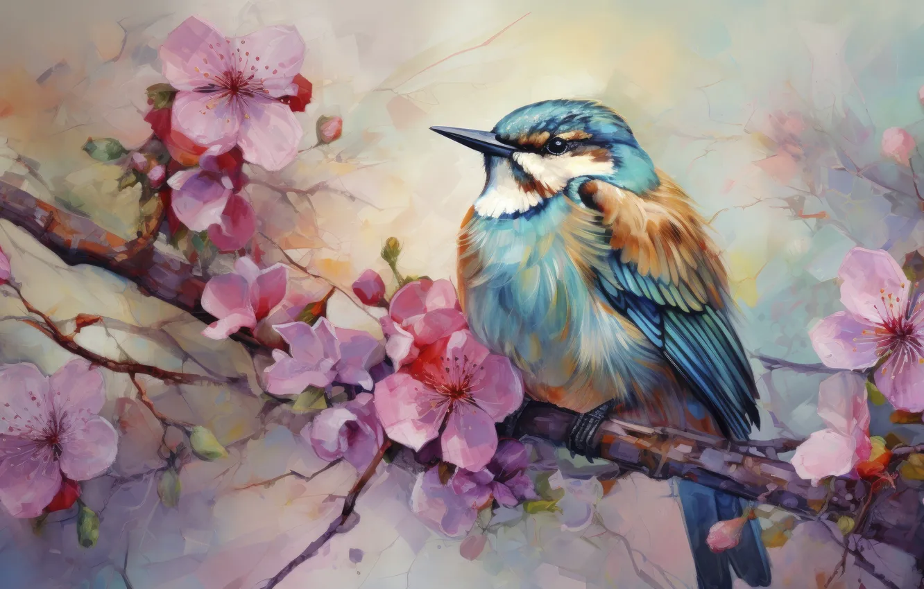 Photo wallpaper flowers, bird, branch, spring, watercolor, pink, painting, flowering