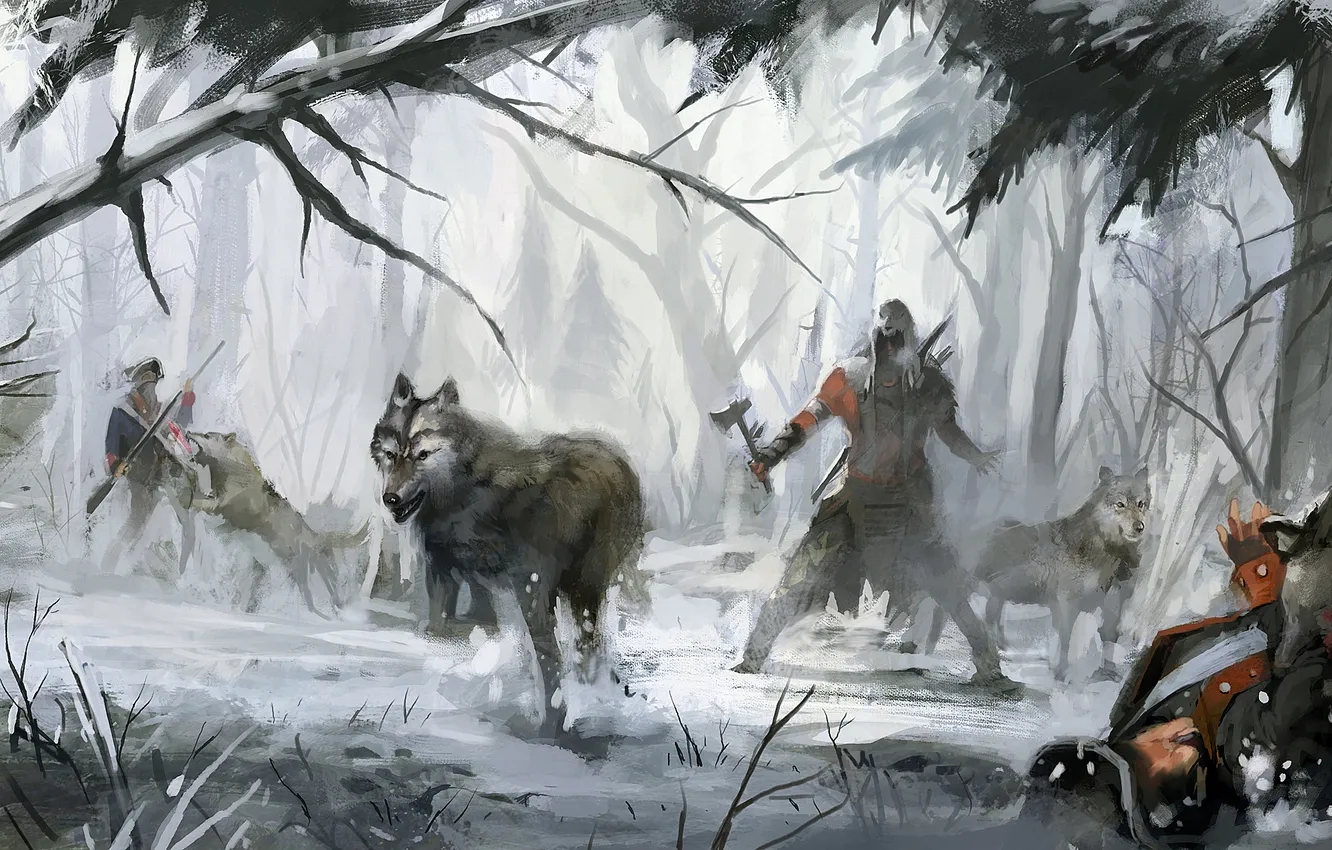 Photo wallpaper forest, wolf, Connor, assassins creed 3
