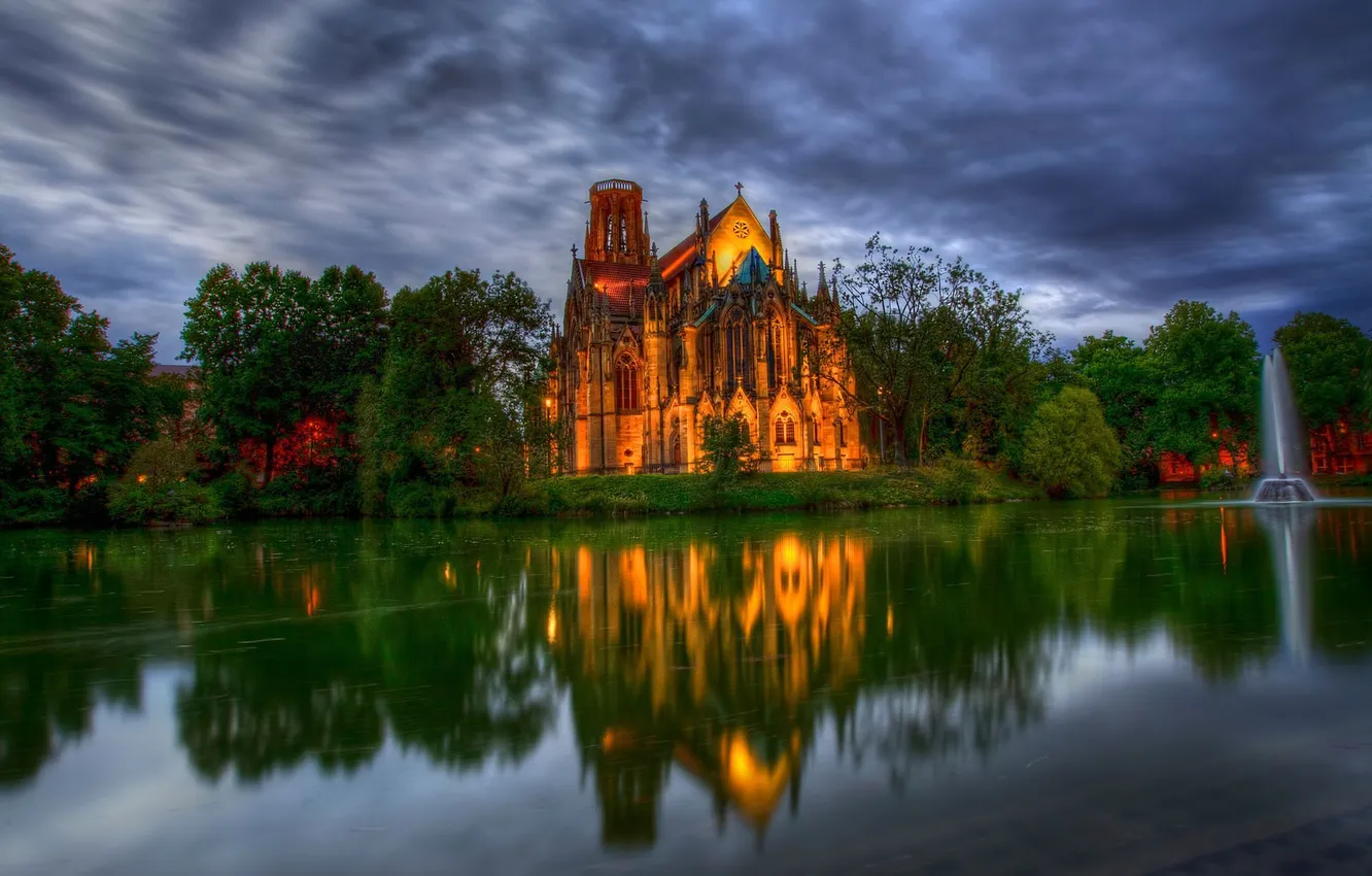 Photo wallpaper trees, pond, Park, Germany, Cathedral, fountain, Germany, the Church