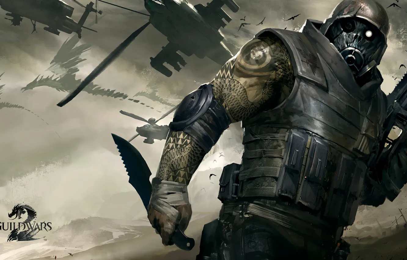 Photo wallpaper weapons, dragon, warrior, helicopter, Guild Wars 2