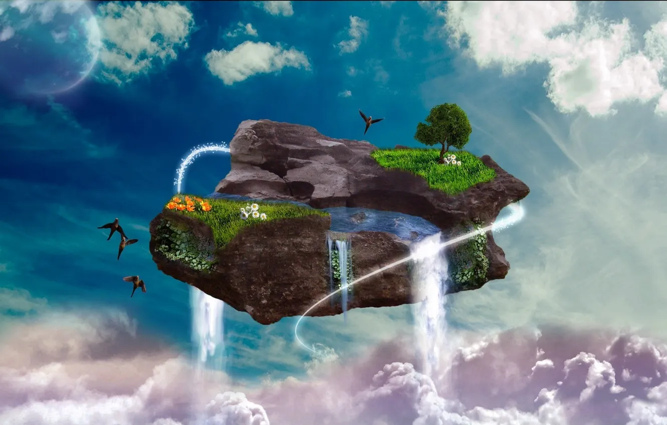 Photo wallpaper the sky, grass, water, flowers, stones, bird, plant, planet