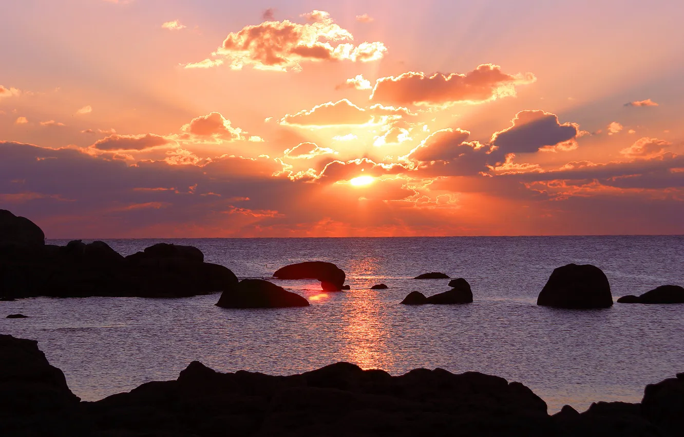 Photo wallpaper sea, the sky, the sun, rays