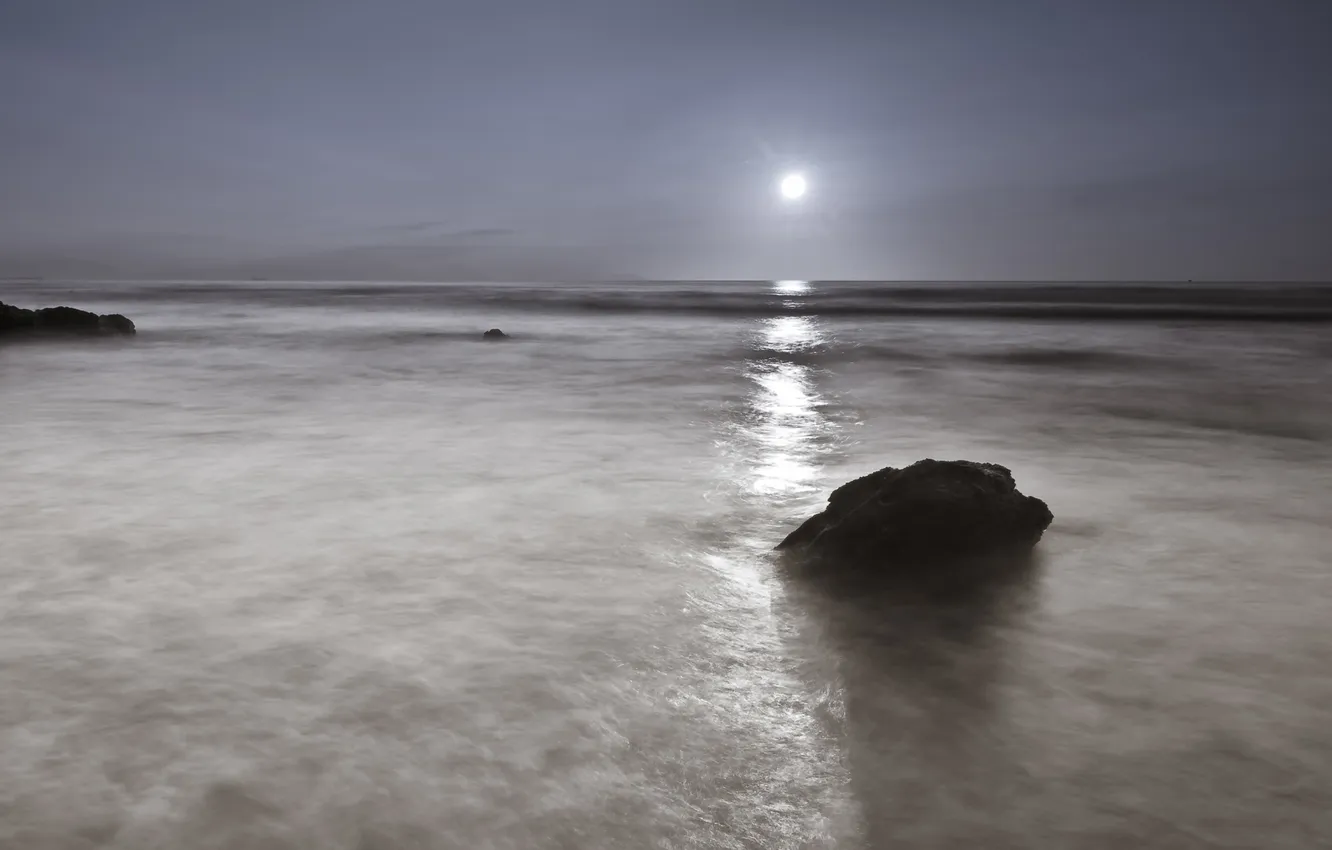 Photo wallpaper sea, stones, the moon, Night