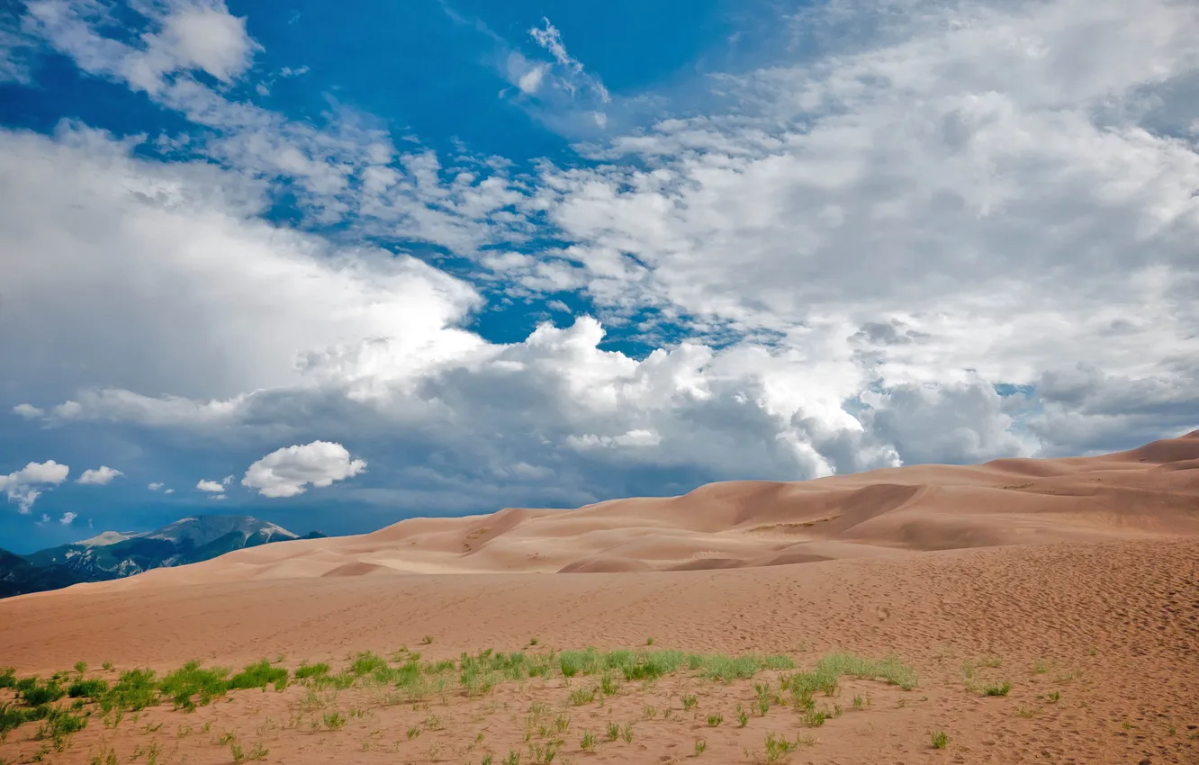 Photo wallpaper sand, the sky, clouds, landscape, mountains
